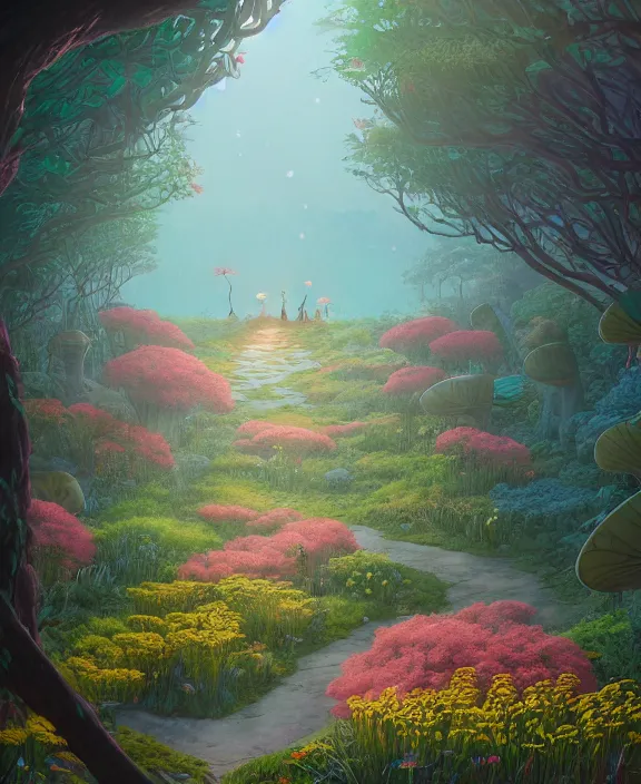 Image similar to a simple, whimsical school made from flowers, overgrown with huge exotic fungus, deep in the woods, cheerful, dramatic lighting, partly cloudy, by dan mumford, yusuke murata, makoto shinkai, ross tran, dreamy, cinematic, unreal engine, cel shaded, featured on artstation, pixiv