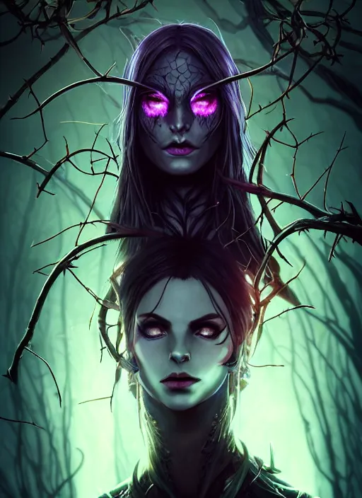 Prompt: full face epic portrait dark elf witch glowing eyes, vines and thorns, witcher, elden ring, matte painting concept art, midjourney, beautifully backlit, swirly vibrant color lines, majestic, cinematic aesthetic, smooth, intricate, 8 k, by ilya kuvshinov, artgerm, darius zawadzki and zdizslaw beksinski