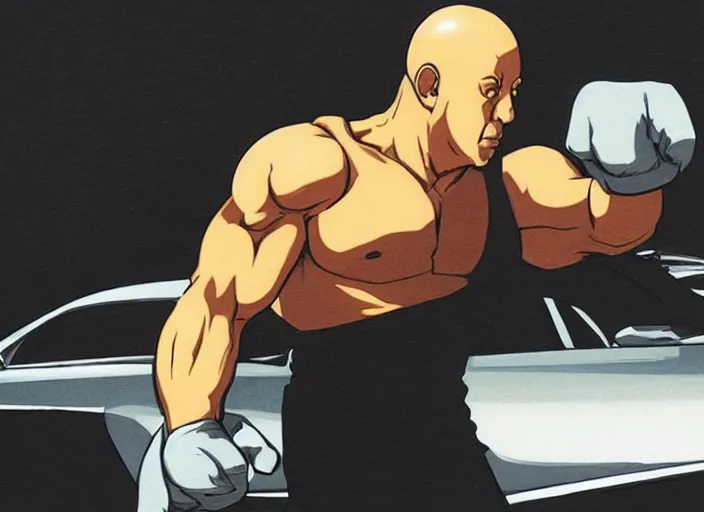 Image similar to vin diesel as saitama punching a car, hyperrealism