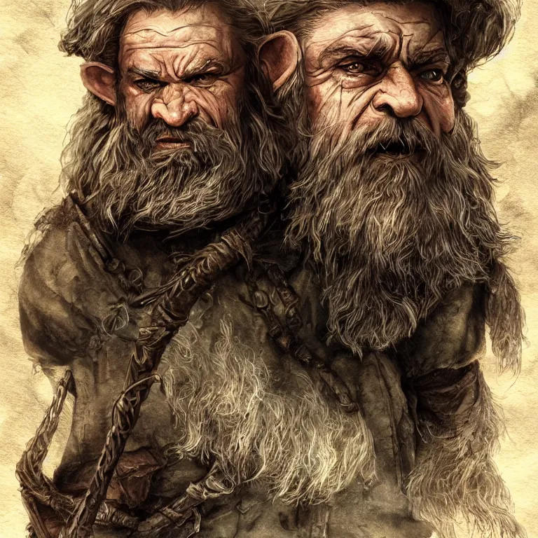 Image similar to dwarf in mountains, lord of the rings style, fantasy, poster, character portrait, portrait, close up, concept art, intricate details, highly detailed, full body, 8 k, detailed face, body