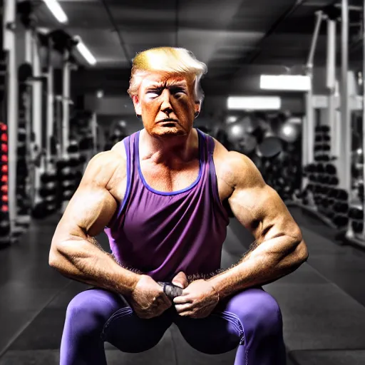 Prompt: donald trump professional trainer face portrait at the gym weightlifting dumbbells, 8 k, highly detailed, f 1 / 1 6 ss 1 1 0 iso 4 0 0