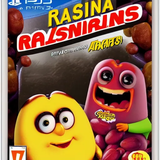 Prompt: playstation 3 game box cover featuring the california raisins.