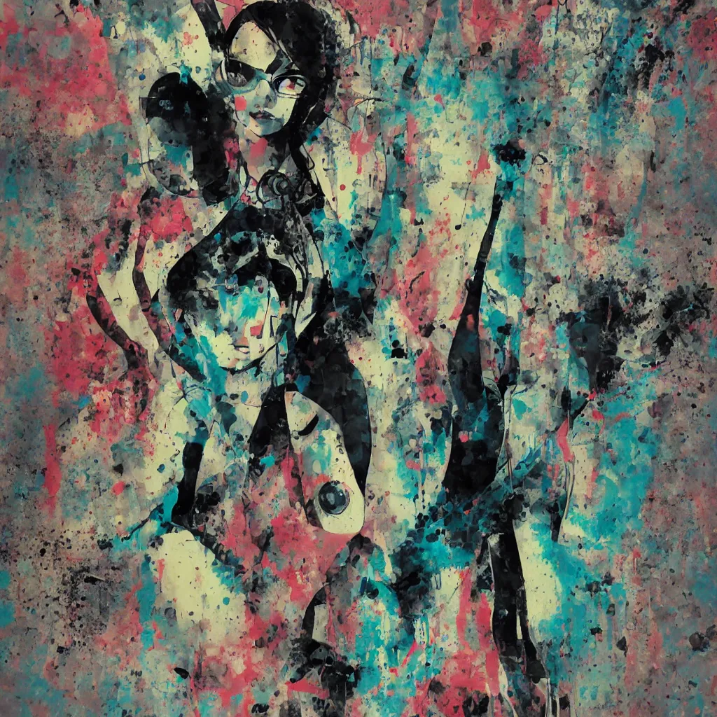 Image similar to girl figure, abstract, jet set radio artwork, ryuta ueda artwork, cryptic, rips, spots, asymmetry, stipple, lines, glitches, color tearing, pitch bending, stripes, dark, ominous, eerie, hearts, minimal, points, technical, old painting, natsumi mukai artwrok, folds