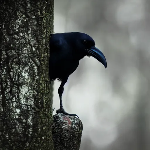 Prompt: crowman, mixture of a crow and human, werecrow, photograph captured in a dark forest