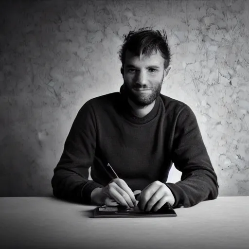 Image similar to portrait of a 3 0 years old frenchman in 2 0 2 0 seated at a table. award winning photography, 5 0 mm, studio lighting, black and white, contrasted.