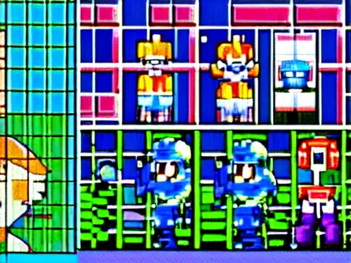 Image similar to screenshot of a 1 9 9 3 1 6 - bit snes mega man game consisting of a grid of 9 framed closeup face portraits of cute evil robots.