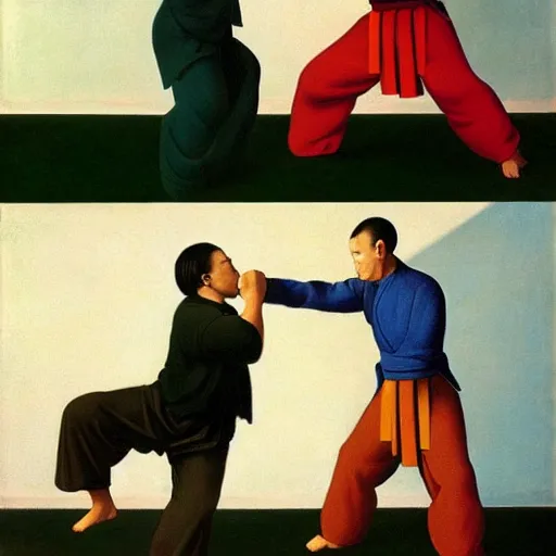 Image similar to a Kung-Fu fight by Raphael, Hopper, and Rene Magritte. detailed, romantic, enchanting, trending on artstation.