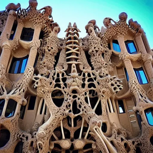 Image similar to “building made of intricate and detailed bones, designed by antoni gaudi”