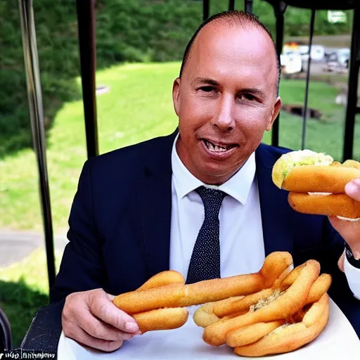 Prompt: peter dutton has revealed he was bombarded with text messages after he was pictured awkwardly eating a dagwood dog at a carnival