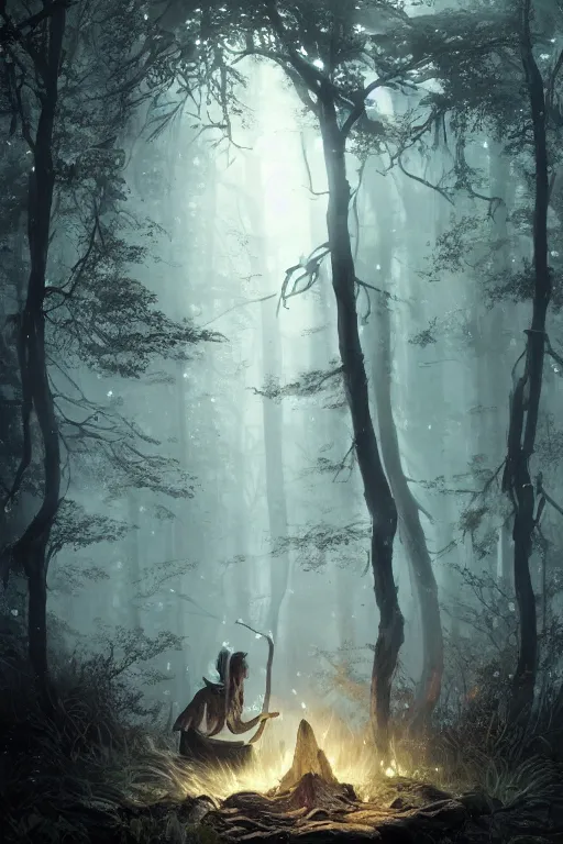 Image similar to a fancy illustrated portrait of a beautiful dark mage performing a ritual deep in the forbidden forest by Greg Rutkowski, Sung Choi, Mitchell Mohrhauser, Maciej Kuciara, Johnson Ting, Maxim Verehin, Peter Konig, final fantasy , mythical, 8k photorealistic, cinematic lighting, HD, high details, atmospheric,