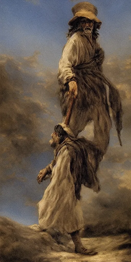 Image similar to Goya medieval peasant walking by a Luis royo background sky airbrush art