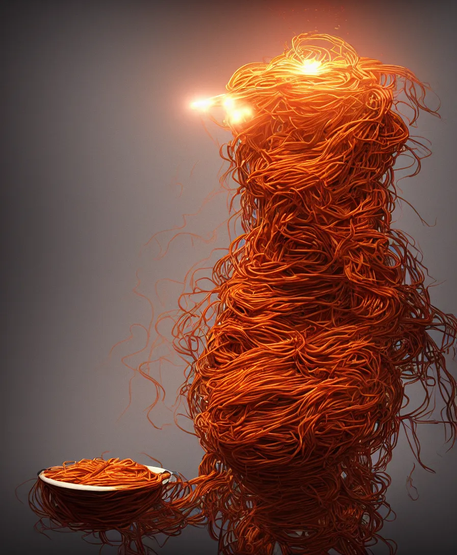 Prompt: spaghetti monster coming out of the pan, cinematic lighting, 8k, artstation