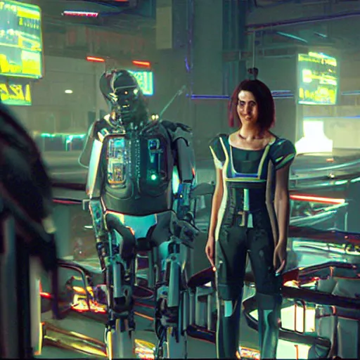 Image similar to film still of mary elizabeth winstead with cybernetic enchancments in cyberpunk 2 0 7 7 ( 2 0 2 4 )