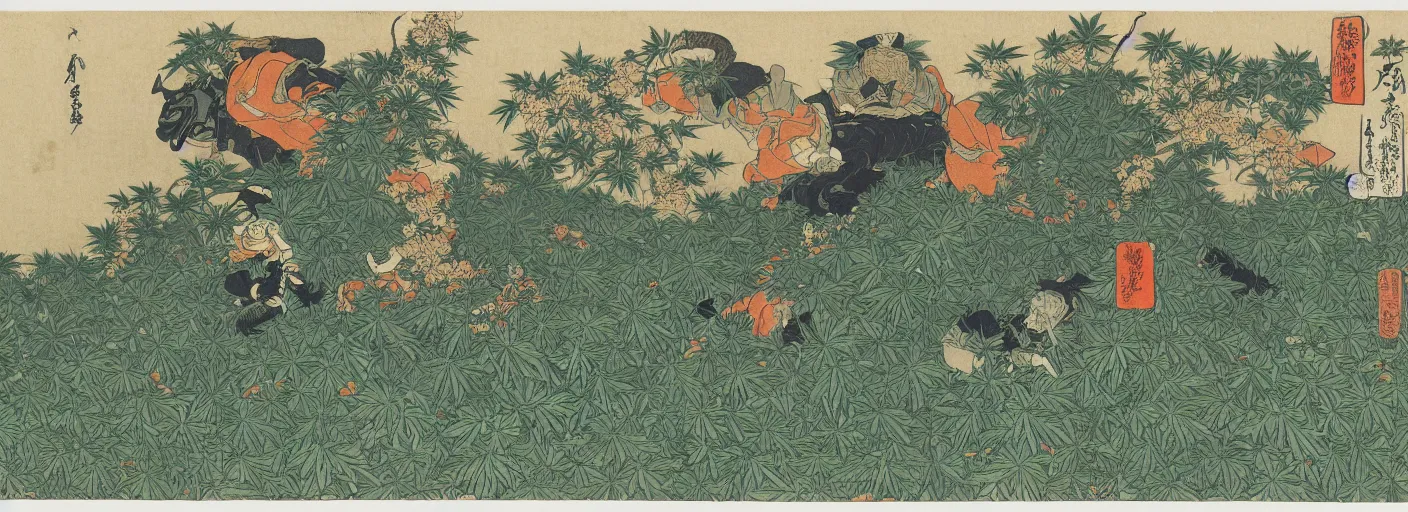 Image similar to full armored knight sitting in a huge field of cannabis plants, katsushika hokusai, high details, colorful, atmospheric light