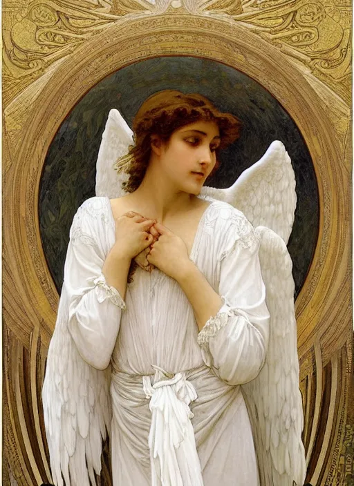 Image similar to painting of a beautifully robed angel with huge white feather wings, intricate, elegant, hyperdetailed, by alphonse mucha and william - adolphe bouguereau and john william waterhouse