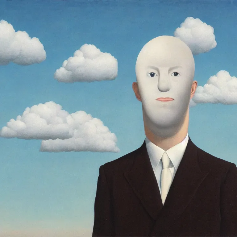 Image similar to portrait of a faceless shadow - head man in a suit, clouds in the background, by rene magritte, detailed painting, distance, middle centered, hd, hq, high resolution, high detail, 4 k, 8 k