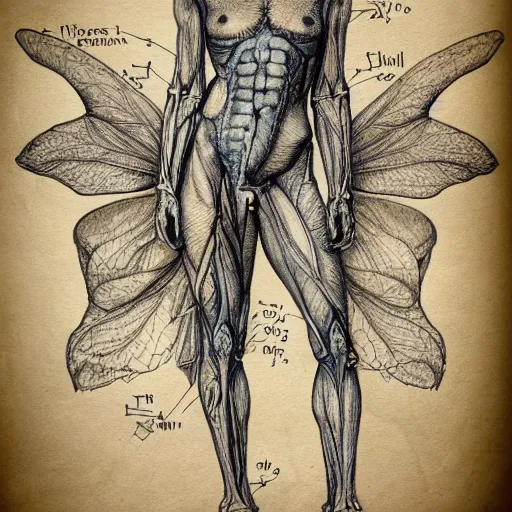 Prompt: anatomical diagram pencil sketch of a fairy, insanely detailed, labeled diagram, medical illustration, insanely intricate, written notes, text, journal paper, watercolor, stains