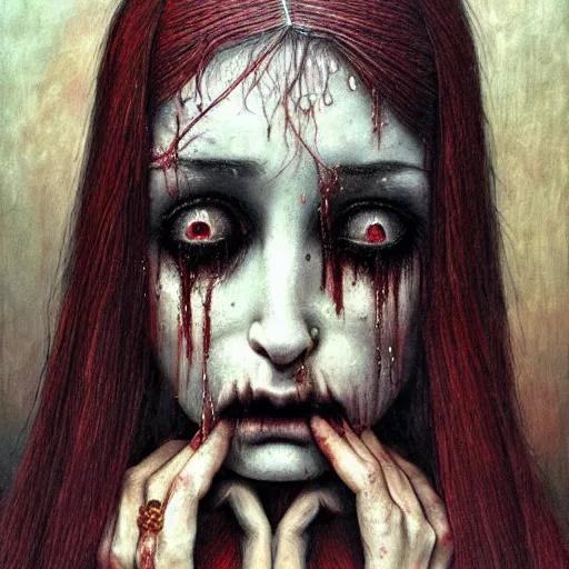 Prompt: a hyperrealistic painting of a beautiful gothic princess crying tears of blood, by Santiago Caruso, vivid color, highly detailed,