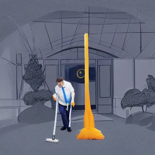 Prompt: a janitor using elon musk as a broom to clean the floor of a dirty empty planet, digital art, trending, award - winning, cinema