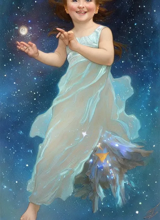 Image similar to a cute little girl with blue eyes, and short wavy light brown hair smiles as she floats in space with stars all around her. she is wearing a turquoise space themed dress. beautiful painting by artgerm and greg rutkowski and alphonse mucha