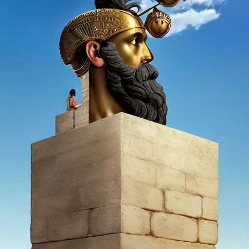 Image similar to tiny greek goddess in steel helmet standing on a giant greek bearded male head, greek temple of olympus glory island, late afternoon light, wispy clouds in a blue sky, by frank lloyd wright and greg rutkowski and ruan jia