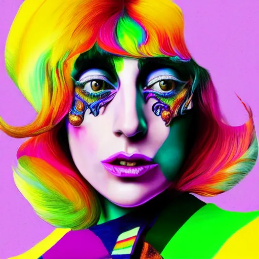 Image similar to an extremely psychedelic portrait of lady gaga as willy wonka, surreal, lsd, face, detailed, intricate, elegant, lithe, highly detailed, digital painting, artstation, concept art, smooth, sharp focus, illustration,