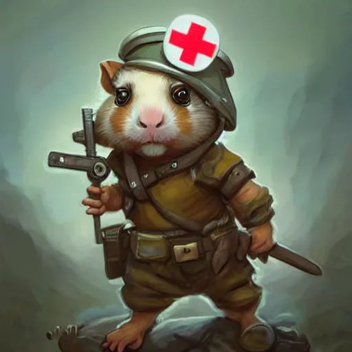 Image similar to cute little anthropomorphic Guinea Pig Field Medic, tiny, small, short, Modern Field medic with red cross, cute and adorable, pretty, beautiful, DnD character art portrait, matte fantasy painting, DeviantArt Artstation, by Jason Felix by Steve Argyle by Tyler Jacobson by Peter Mohrbacher, cinema