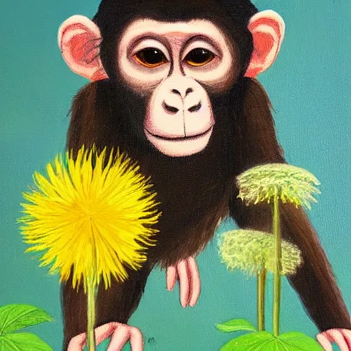 Image similar to photograph of a monkey painting dandelions on a canvas