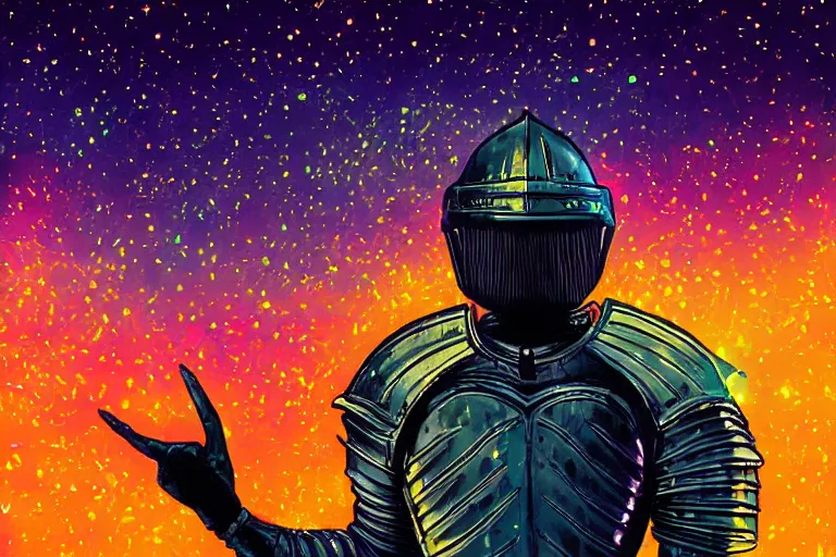 Image similar to digital art of a spiritual medieval knight wearing suit of armor looking up at the stars, acrylic art, universe, painting, pastel colors, synthwave, retro, cyberpunk,