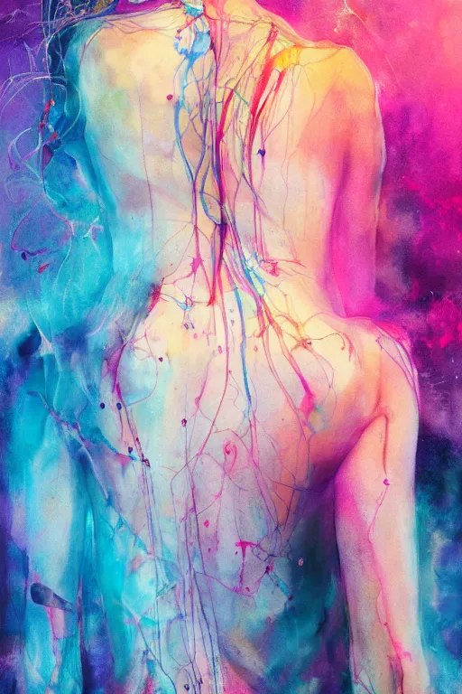 Prompt: gal gadot by agnes cecile enki bilal moebius, intricated details, view 3 / 4 back, full body portrait, extremely luminous bright design, pastel colours, drips, autumn lights