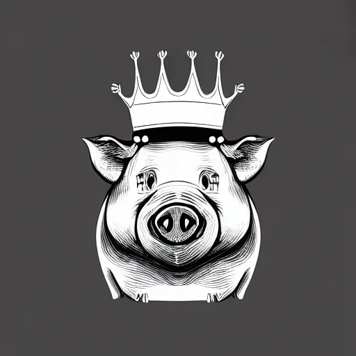 Image similar to black and white ink marker cartoon sketch of a pig in a crown by beeple