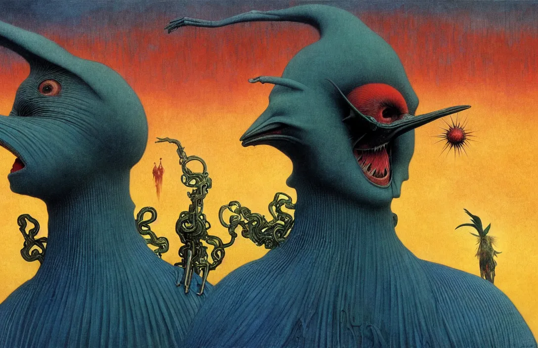 Image similar to realistic detailed portrait movie shot of a birdman wearing a dark robes, sci fi city landscape background by denis villeneuve, amano, yves tanguy, alphonse mucha, ernst haeckel, max ernst, roger dean, masterpiece, rich moody colours, dog teeth, blue eyes, sunset