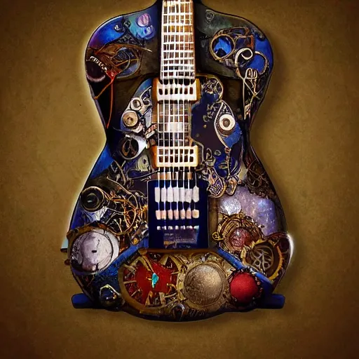 Image similar to photo of an eccentric steampunk electric guitar with ornaments, ultra realistic, mucha, art deco, art nouveau, neo goth, goth, cyberpunk