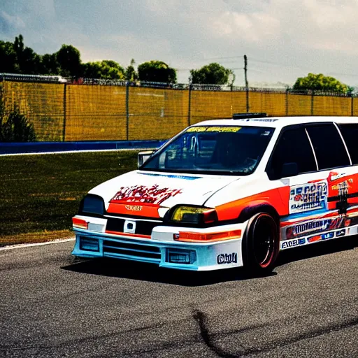 Image similar to 1990s Toyota Sienna with racing tires and racing livery, widebody kit, drifting through nurburgring, photography