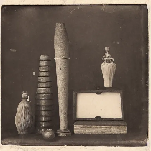 Image similar to Tintype photograph of primitive objects displayed in an ethnographic museum, archive material, anthropology, 1920s studio lighting.