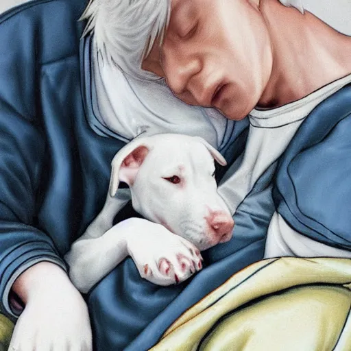 Image similar to painting of tired white pitbull puppy curled up on a japanese man's lap, highly detailed, cozy aesthetic, anime key visual, fukaya yuichiro