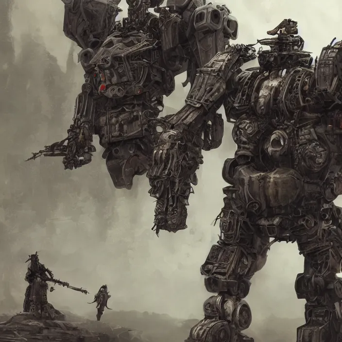 Prompt: human next to mech - warrior, hyper - detailed, sharp focus, 4 k ultra hd, fantasy dark art, apocalyptic art