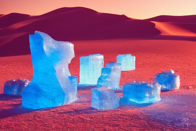 Image similar to cinestill of a huge backlit ice sculpture in the sahara desert