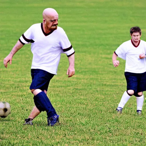 Prompt: walter white playing football soccer, sport photography