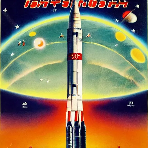 Image similar to [North Korean space mission, 1950 poster, very detailed, cinematic lighting, matte, sharp, photography]