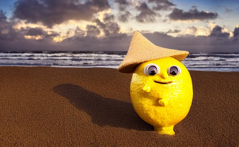 Image similar to 5 0 mm photograph, of a real anthropomorphic lemon character, unique style, with lemon skin texture, it is wearing a hat and scuba diving, building a sandcastle on the beach at sunset, beach, huge waves, sun, clouds, tropical trees, rim light, cinematic photography, professional, sand, sandcastle, volumetric lightening