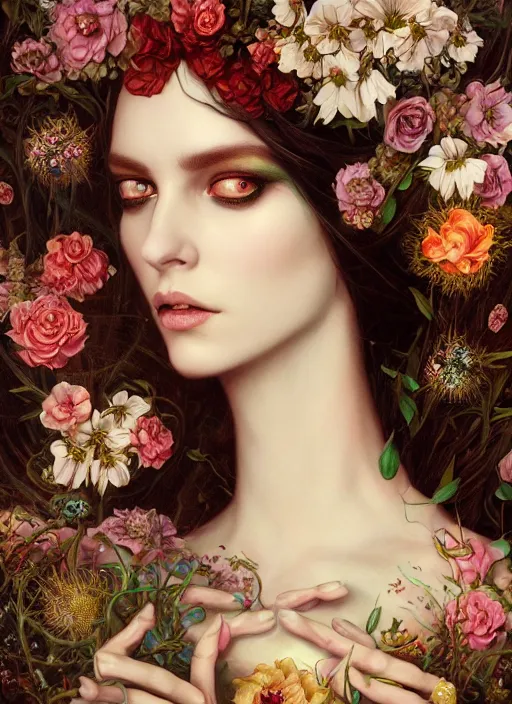 Image similar to portrait of the queen of the underworld, surrounded by flowers by karol bak, james jean, tom bagshaw, rococo, detailed eyes, trending on artstation, cinematic lighting, hyper realism, octane render, 8 k, hyper detailed.