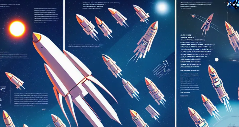 Prompt: a layout of amazing futuristic nasa rockets, cinematic lighting, detailed, beautiful colors, by greg rutowski and studio ghibli