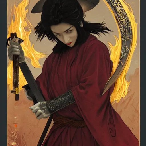 Prompt: a detailed tarot card of a female ninja holding a flaming katana, ominous nighttime storm, fantasy, d & d, intricate, elegant, highly detailed, digital painting, artstation, concept art, matte, sharp focus, illustration, art by john collier and albert aublet and krenz cushart and artem demura and alphonse mucha