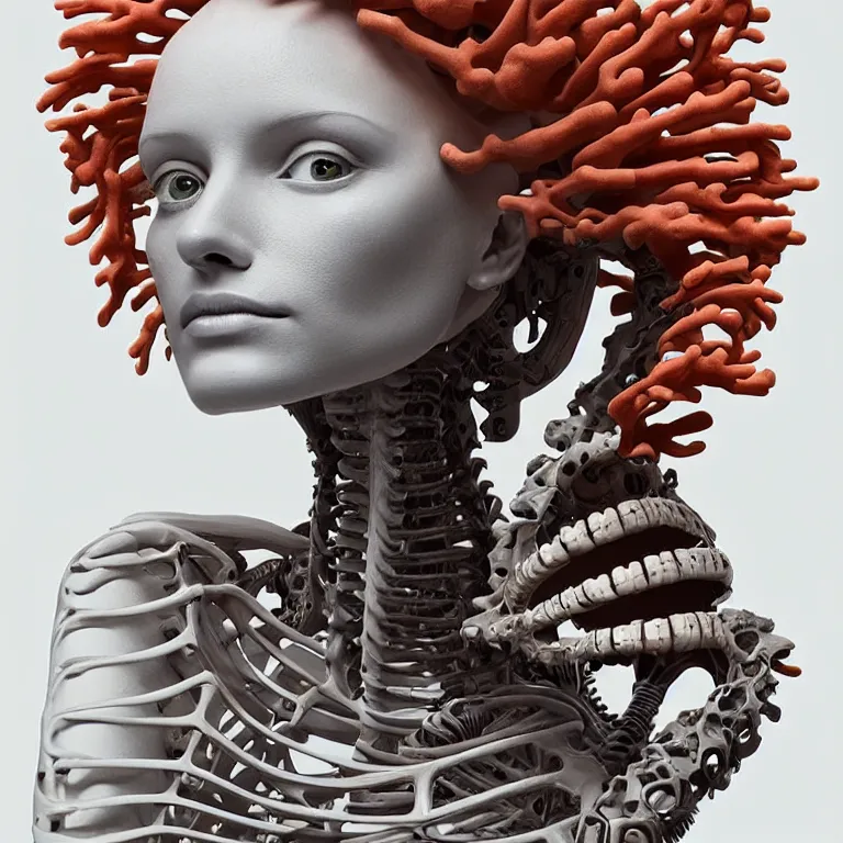 Image similar to portrait of beautiful!! horizontally symmetrical!! ceramic woman's head with coral!! reef hair. mechanical skeleton, biomechanical android. soft light painted by moebius, inspired by mary jane ansell, smooth face feature, horizontal symmetry!!!, intricate, studio photography, high detail