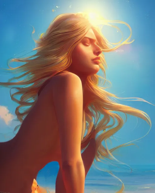 Prompt: summer vibes, beautiful sun tanned woman, flowy golden hair, sun, summer, cinematic lighting, highly detailed, digital painting, trending on artstation, pixiv, concept art, sharp focus, illustration, art by ross tran and wlop