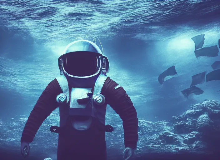 Image similar to dark underwater photo of an astronaut underwater putting a flag on the ocean's floor. in the background, a submarine is visible. dark, concept art, cinematic, dramatic, blender, photorealistic, octane render, 8 k, volumetric lighting, trending on artstation