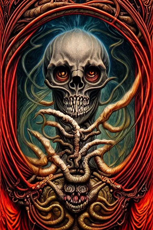 Prompt: A beautiful detailed grotesque monster super cute tarot card, by tomasz alen kopera and Justin Gerard, symmetrical features, ominous, magical realism, texture, intricate, ornate, royally decorated, skull, skeleton, whirling smoke, embers, red adornements, red torn fabric, radiant colors, fantasy, trending on artstation, volumetric lighting, micro details, 3d sculpture, ray tracing, 8k, anaglyph effect