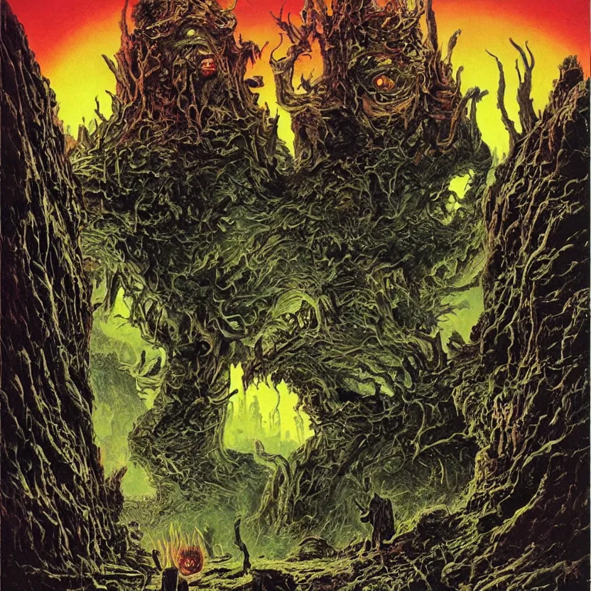 Image similar to a monster coming out of a painting. goosebumps cover art by tim jacobus, bruce pennington, richard corben, and bruce pennington. pulp horror art.