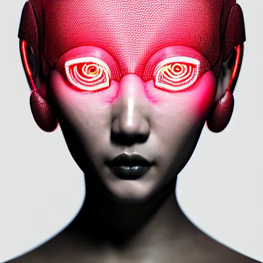 Image similar to portrait of an absurdly beautiful, graceful, sophisticated, fashionable asian cyberpunk mechanoid gravure idol, hyperdetailed illustration by irakli nadar, adut akech, matt wisniewski style, intricate linework, dark black porcelain skin, jellyfish headdress, unreal engine 5 highly rendered, global illumination, neon red light, detailed and intricate environment